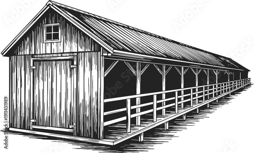 Wooden covered bridge with detailed planks and railing in black and white vintage