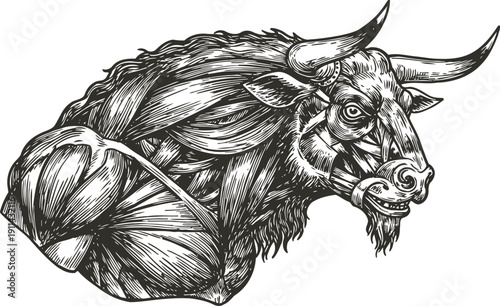 Anatomical illustration of muscular ox head showing intricate muscle structure and horns