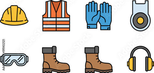 Construction Safety and Protective Equipment Icons Flat Vector Set Isolated on White Background