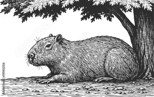 capybara resting under a tree large rodent lying on ground in nature habitat