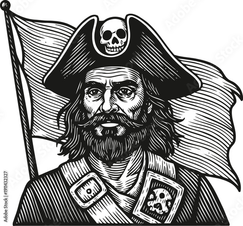Vintage pirate captain illustration with skull hat and flag, classic seafaring adventure theme