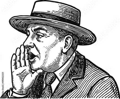 Vintage illustration of man in hat whispering with hand to mouth, retro communication concept