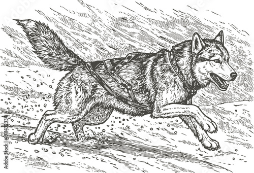 Running husky dog in harness sprinting through rough terrain in vintage engraving