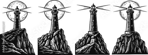 lighthouse on rocky cliff with shining light beams nautical marine beacon, coastal navigation and safety symbol