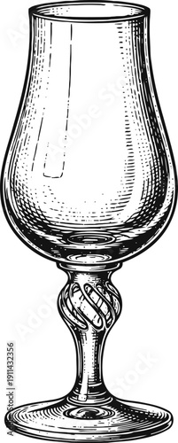 Elegant tulip shaped glass with twisted stem design, detailed vintage engraving illustration