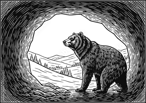 Grizzly bear standing at cave entrance looking out to mountainous forest landscape wildlife scene