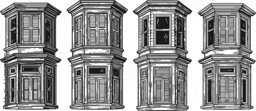 Vintage bay window designs classic architectural elements, wooden shutters and decorative moldings old building facade details