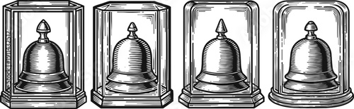 Vintage hand bell illustrations set classic metal bells in wooden and glass cases antique service and call signaling devices