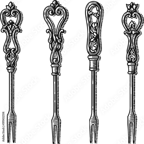 Set of four ornate vintage cocktail forks with intricate decorative handles and two prong tips, black and white drawing