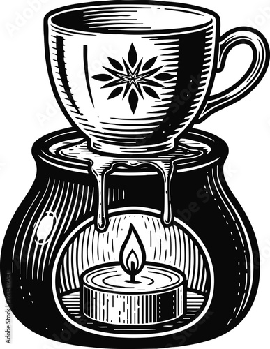 Vintage oil burner with teacup and lit candle, aromatherapy diffuser for home relaxation and wellness