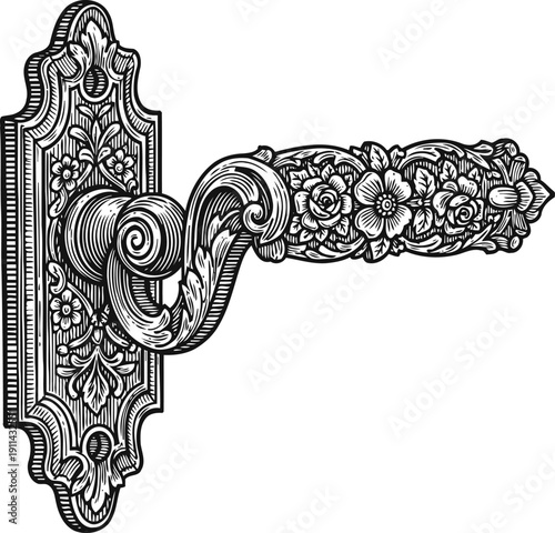 Ornate vintage door handle with intricate floral and leaf pattern engraved on metal plate