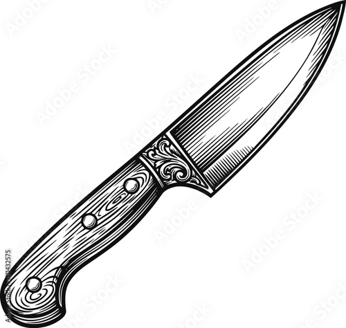 Classic kitchen knife with wooden handle and decorated bolster engraving illustration