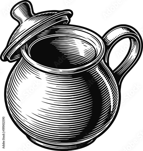 Vintage ceramic sugar bowl with lid, classic kitchenware, hand drawn style, black and white illustration