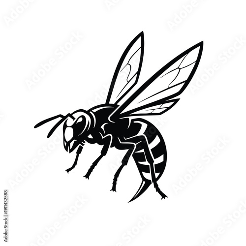 Stylized Black and White Wasp Illustration in Flight.