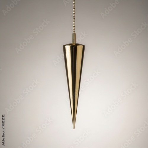 Elegant brass pendulum hanging isolated against a smooth white background, showcasing its sleek and polished design with soft lighting accentuating its metallic sheen