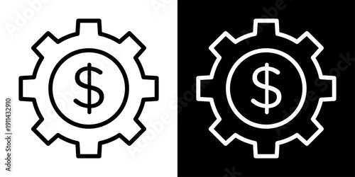 Wealth management line icon featuring gear and dollar symbol, representing financial planning, asset management, investment strategy, portfolio growth, fintech and business finance apps.