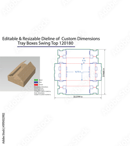 Editable Resizable Dieline of Custom Dimensions Tray Boxes Swing 120180