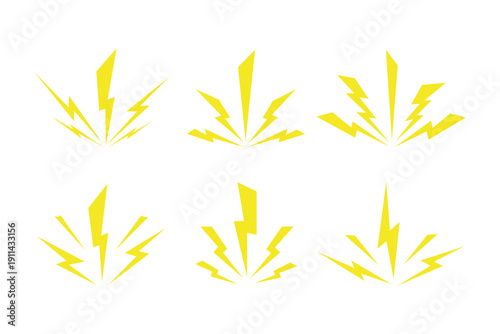 Thunderbolt shock cartoon icons. Yellow lightning burst, shouting, noise and loud sound symbols. Energetic comic electric flashes for action, power, speed, and danger effects. vector illustration