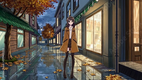 Animated character strolls along a charming street, showcasing autumn leaves and reflections on the ground, creating a cozy and inviting atmosphere