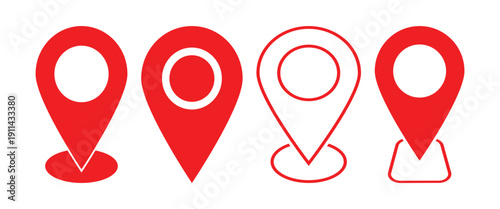 Set of location pin icons. Map marker pointer symbols, GPS location.  Simple red location pin icon isolated on white background.