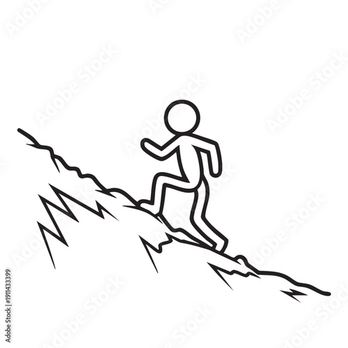 A simple illustration of a person running up a steep mountain slope, dynamic lines convey a sense of movement and energy, stick figure style
