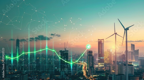 A digital graph with upward trend lines and wind turbines against the backdrop of an urban skyline during sunset, symbolizing green energy growth in sustainable electricity generation. The graph 