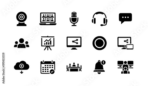 Remote Work and Virtual Collaboration Solid Glyph Icons – Video Conferencing and Online Meeting Symbols