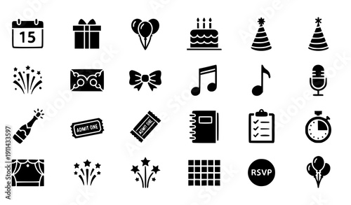 Event Management and Party Planning Solid Icons – Calendar, Gift, Balloon, and Celebration Vector Collection