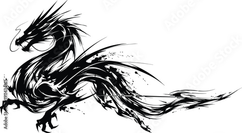 Abstract ink dragon illustration featuring dynamic brush strokes splatter effects and fierce oriental mythical creature isolated on white background vector art