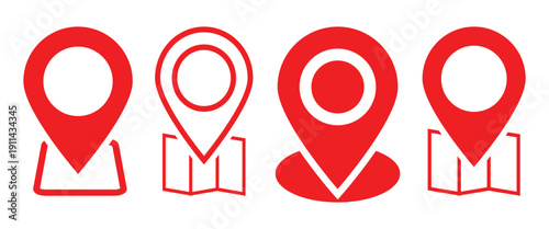 Set of vector red location pin icons isolated on a white background. Map pointer symbol for Digital Mapping and geographic locations on maps.