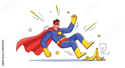 Superhero slips on banana peel in midair cartoon illustration.
