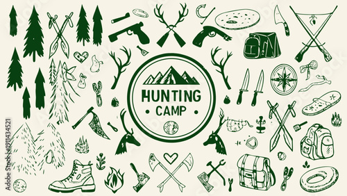 Hunting Theme doodle banner illustration in a hand-drawn sketch style, vector illustration.