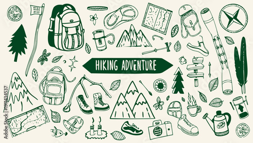 Hiking Adventure Theme doodle banner illustration in a hand-drawn sketch style, vector illustration.