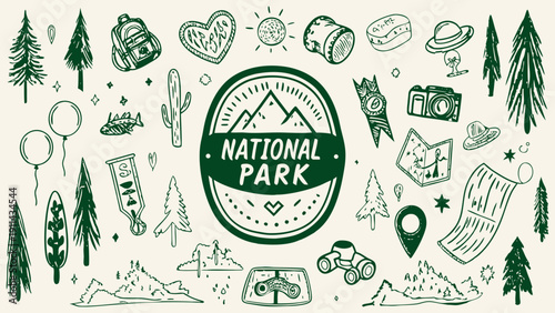 National Park Theme doodle banner illustration in a hand-drawn sketch style, vector illustration.