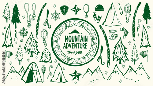 Mountain Adventure Theme doodle banner illustration in a hand-drawn sketch style, vector illustration.