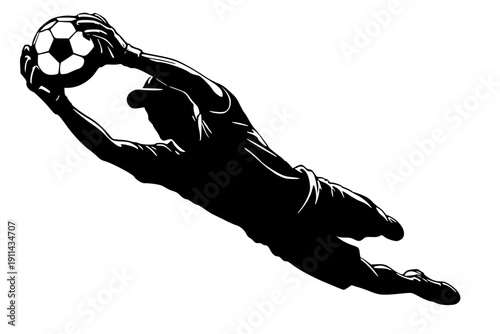 High-contrast black silhouette of a soccer goalkeeper (football goalie) in mid-air. This minimalist graphic depicts an athlete in a dynamic diving save