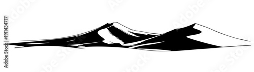black  graphic illustration of sand dunes. This minimalist landscape art uses bold silhouettes and crisp lines to depict the undulating curves and sharp ridges of a desert horizon