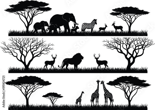 African wildlife silhouettes panorama, safari animals under acacia trees illustration set, isolated savanna scenes, nature conservation travel design elements