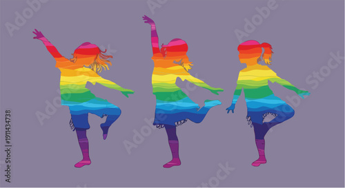 Three dancing children silhouettes in rainbow colors.