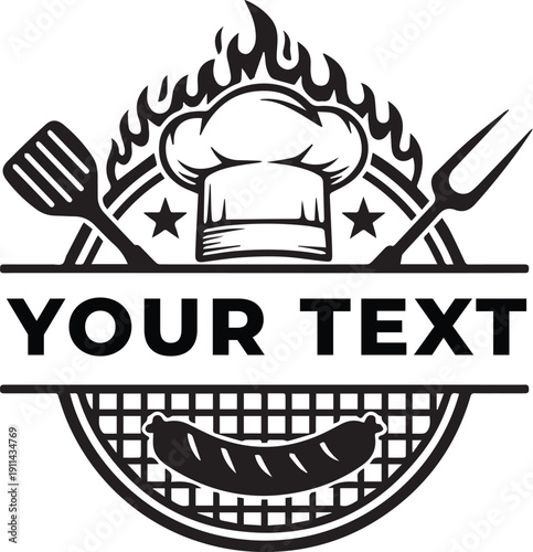 Barbecue Grill Chef Hat Monogram Split Frame for Logo or Text T-Shirt Design Silhouette vector black on a white background