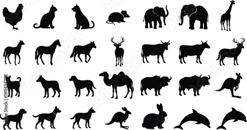 Animal silhouette collection featuring farm wild and domestic animals mammals birds and wildlife icons isolated on white background vector illustration set