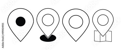 Location pointer icon set. Black shape map pins set. Location symbols collection for pinpointing locations, sharing locations via app and Used in mapping software. EPS 10.