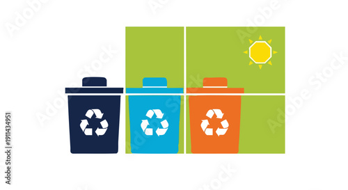 Three recycling bins with different colors and recycling symbols.