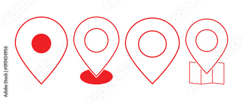 Location pointer icon set. Red map pins set. Location symbols collection for pinpointing locations, sharing locations via app and Used in mapping software. EPS 10.
