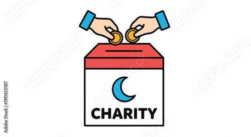 A cartoon illustration of hands putting coins into a charity box