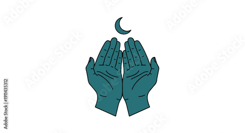 A graphic illustration of praying hands under a crescent moon