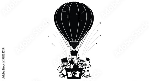 Whimsical hot air balloon ride with joyful cartoon characters