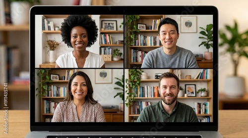 Diverse team members in a virtual meeting on a laptop screen in an office