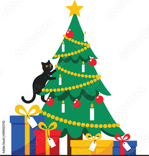 Naughty Black Cat Climbing Decorated Christmas Tree With Ornaments And Gold Garland Near Colorful Gift Boxes For Festive Holiday Celebration And Winter Season Decor