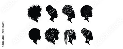 African American woman head silhouette vector collection with various afro hairstyles and braids isolated on white background for beauty design